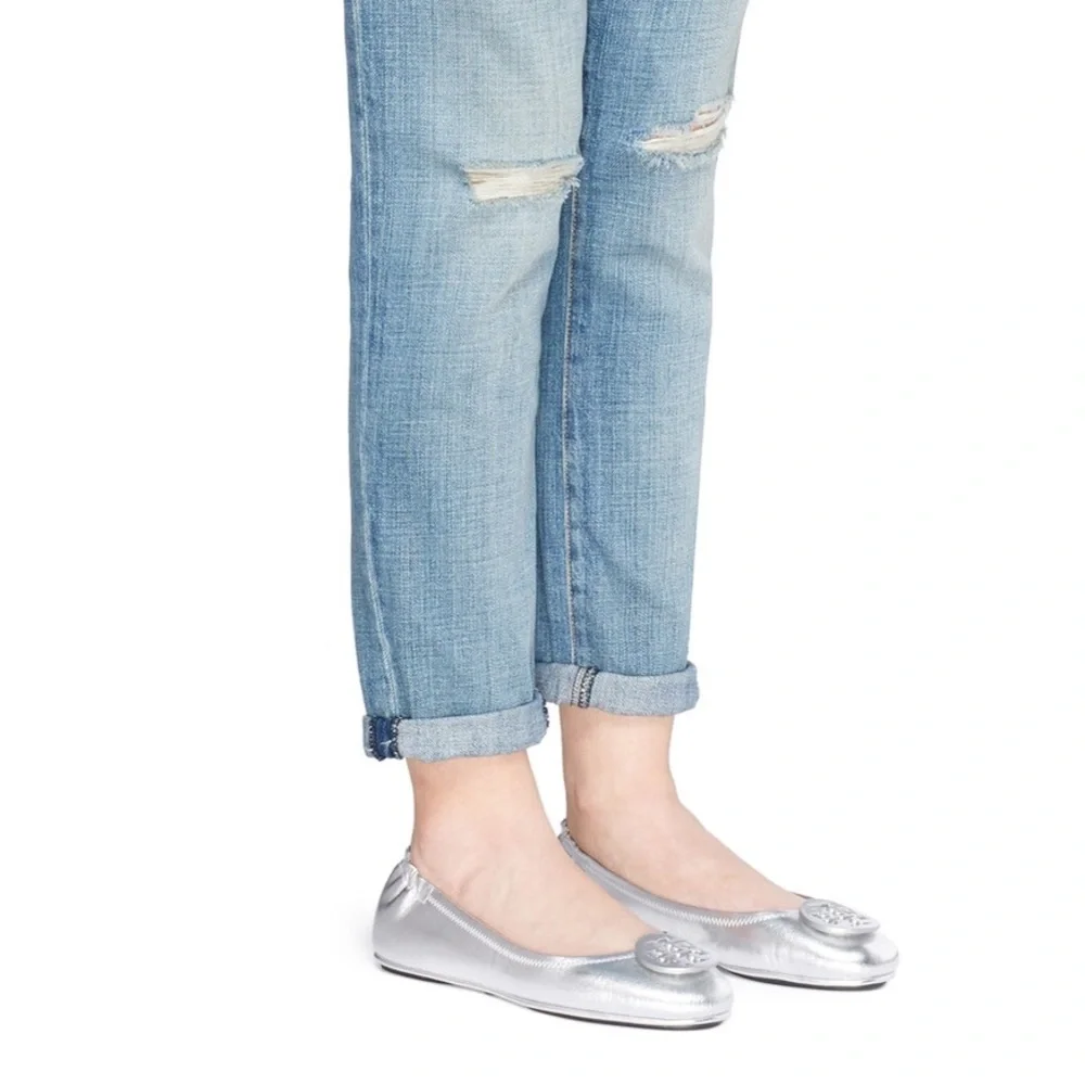 Tory Burch Reva Logo Silver Leather Ballet Flat